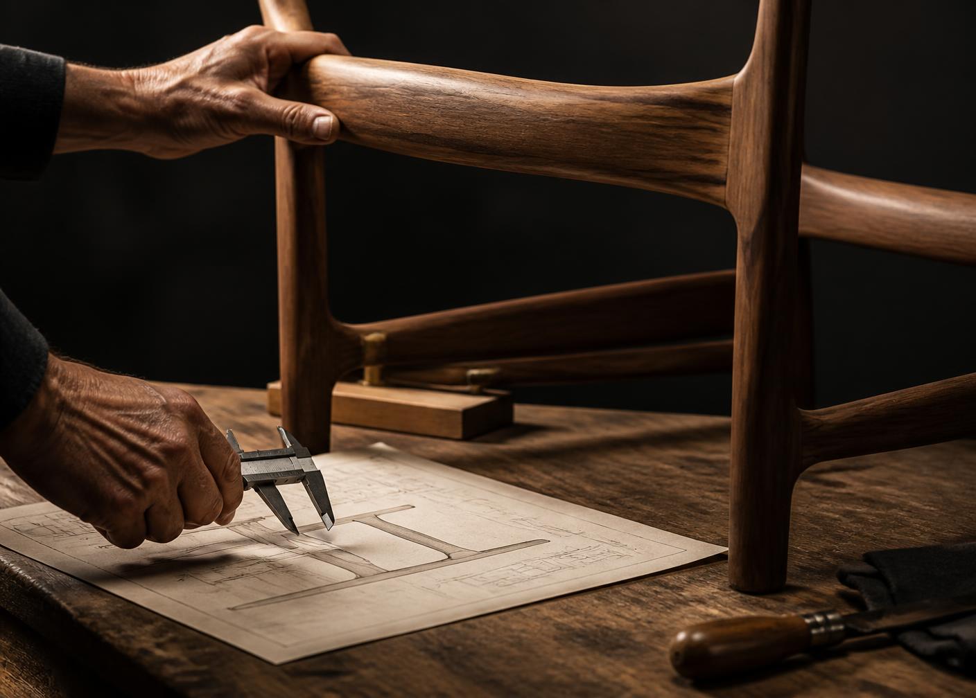 Close detail of a joiner checking a chair frame against a specification sheet