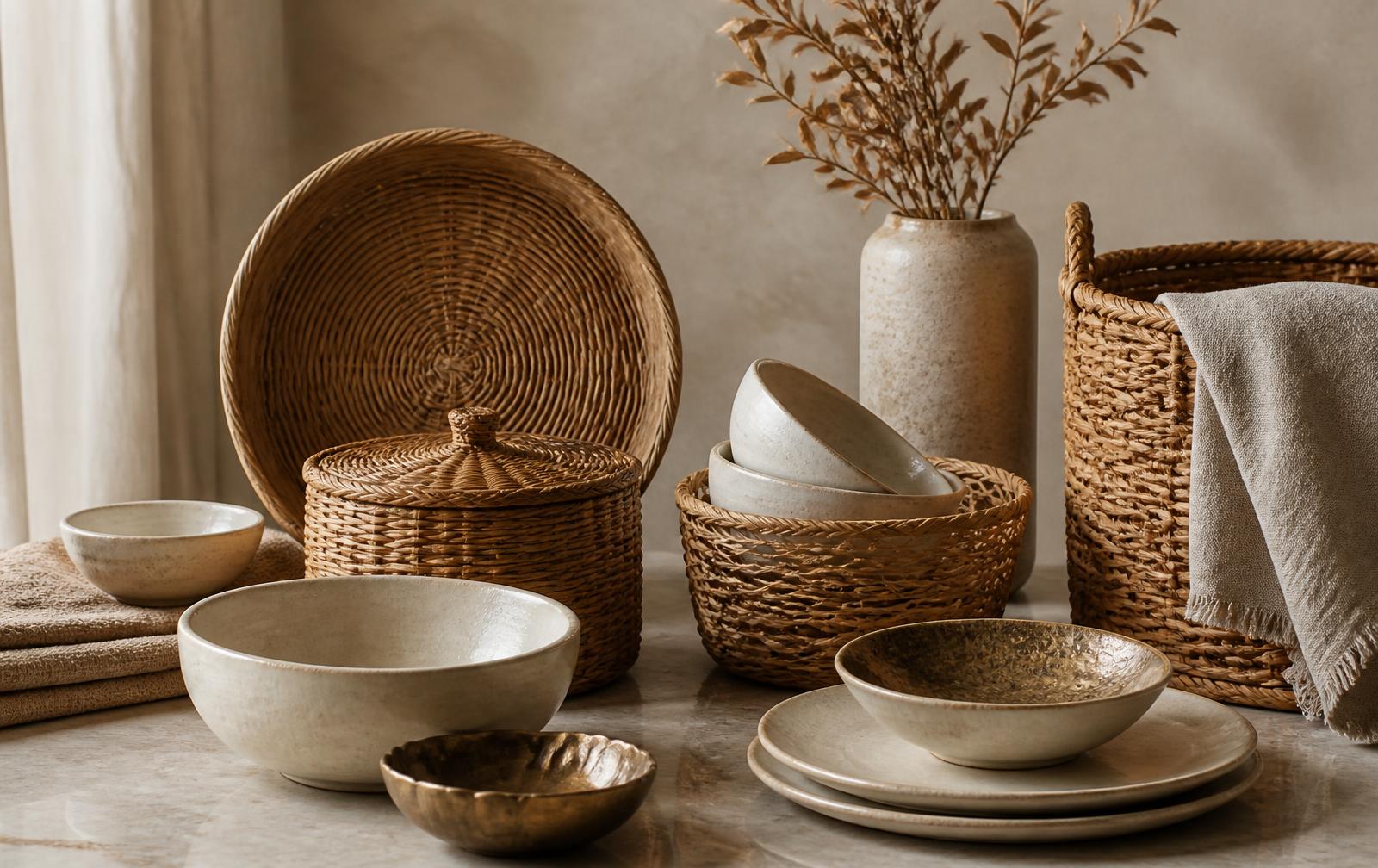 Ceramic and natural-material houseware arranged on a neutral studio surface