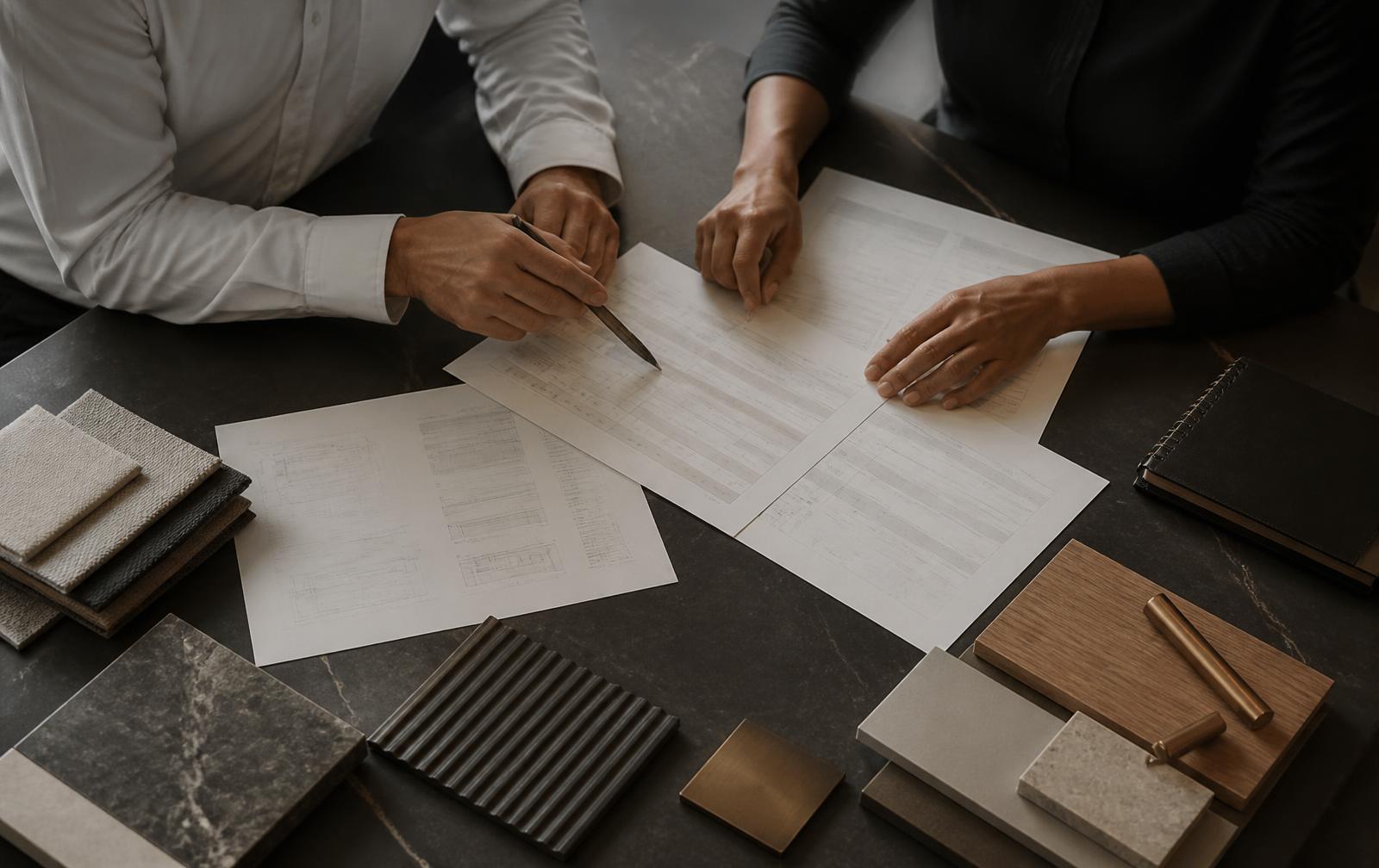 Two procurement professionals reviewing quotations and drawings at a table