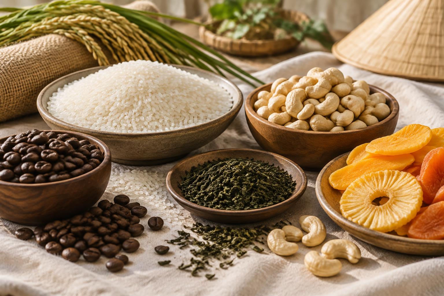 Arroz, café, té, anacardos y fruta tropical deshidratada de calidad de exportación presentados para compradores internacionales