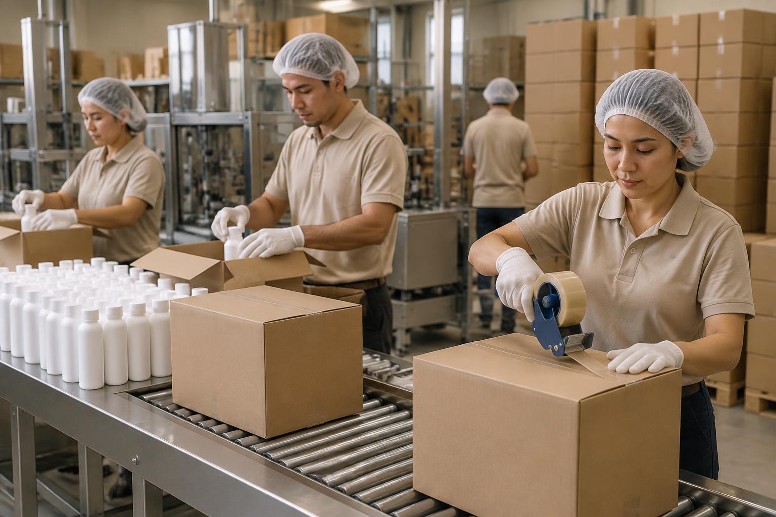 Línea de producción OEM preparando productos de marca propia y embalaje listo para exportación